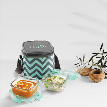 310ml x 2 Allo FoodSafe Microwave Oven Safe Glass Lunch box with Break Free Detachable Lock with Chevron Mint Bag Tiffin - Allo Innoware