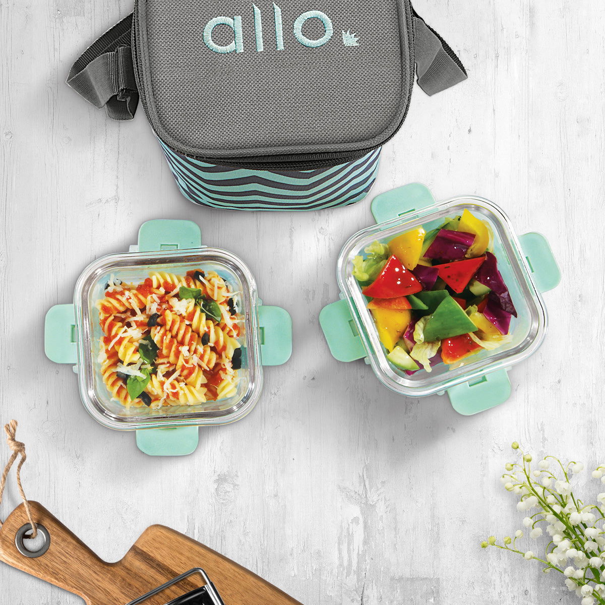 310ml x 2 Allo FoodSafe Microwave Oven Safe Glass Lunch box with Break Free Detachable Lock with Chevron Mint Bag Tiffin - Allo Innoware
