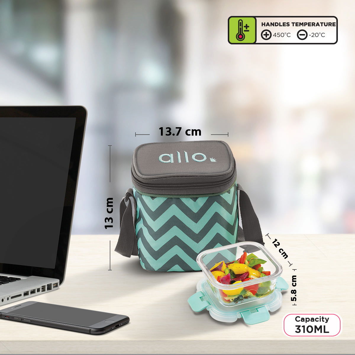 310ml x 2 Allo FoodSafe Microwave Oven Safe Glass Lunch box with Break Free Detachable Lock with Chevron Mint Bag Tiffin - Allo Innoware