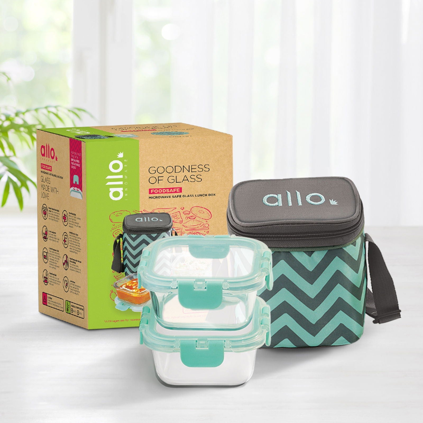 310ml x 2 Allo FoodSafe Microwave Oven Safe Glass Lunch box with Break Free Detachable Lock with Chevron Mint Bag Tiffin - Allo Innoware