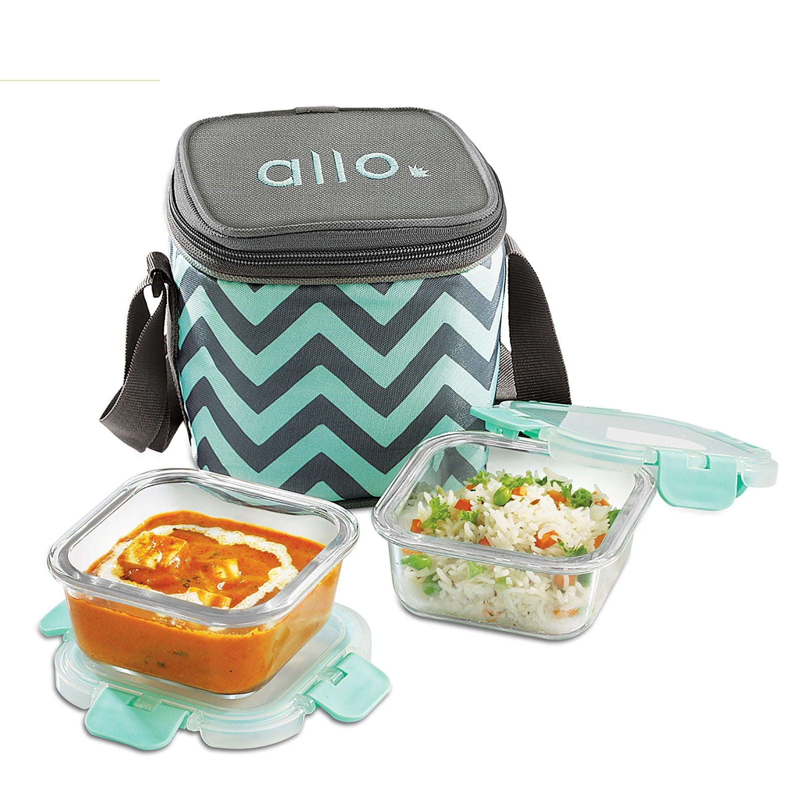 310ml x 2 Allo FoodSafe Microwave Oven Safe Glass Lunch box with Break Free Detachable Lock with Chevron Mint Bag Tiffin - Allo Innoware