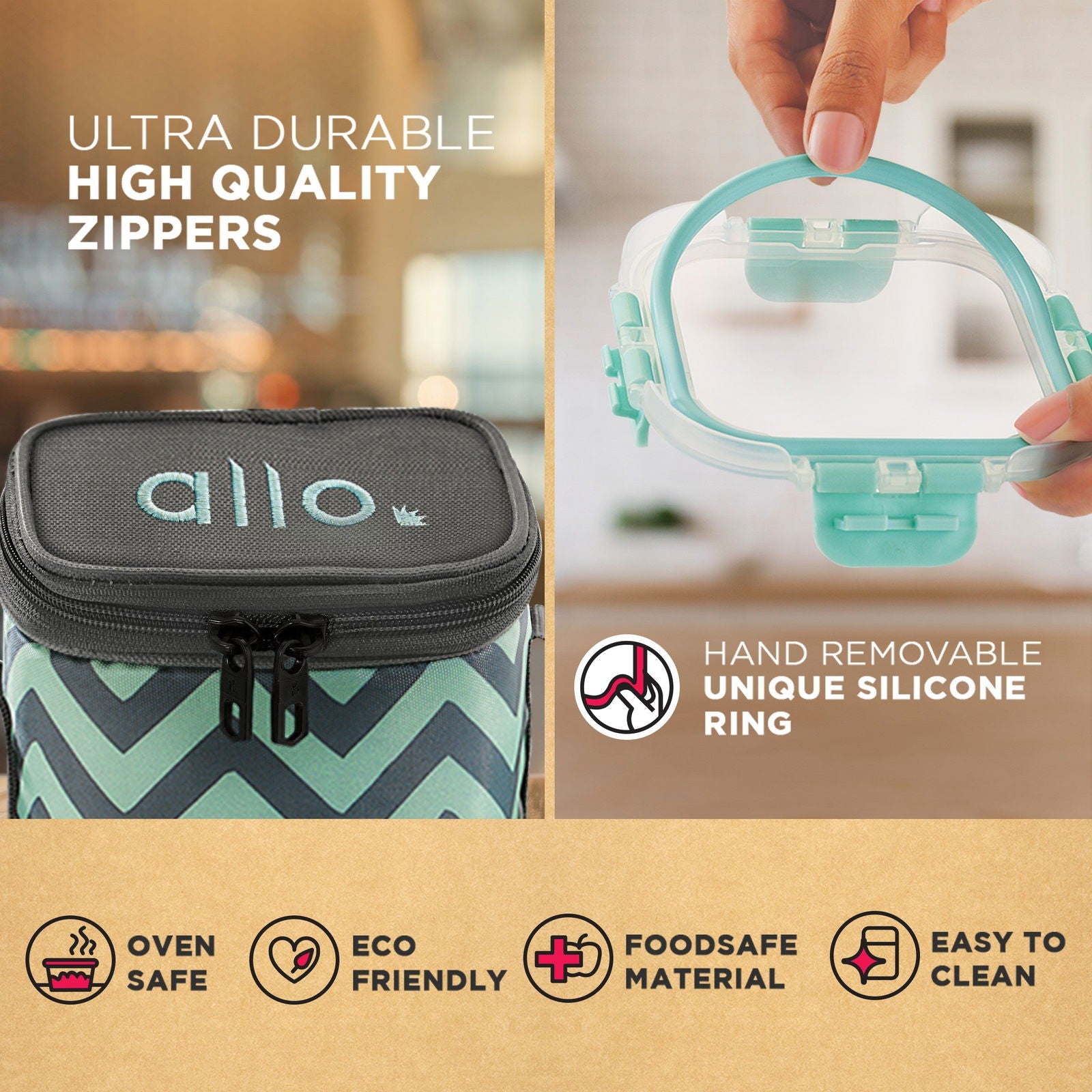 310ml x 2 Allo FoodSafe Microwave Oven Safe Glass Lunch box with Break Free Detachable Lock with Chevron Mint Bag Tiffin - Allo Innoware