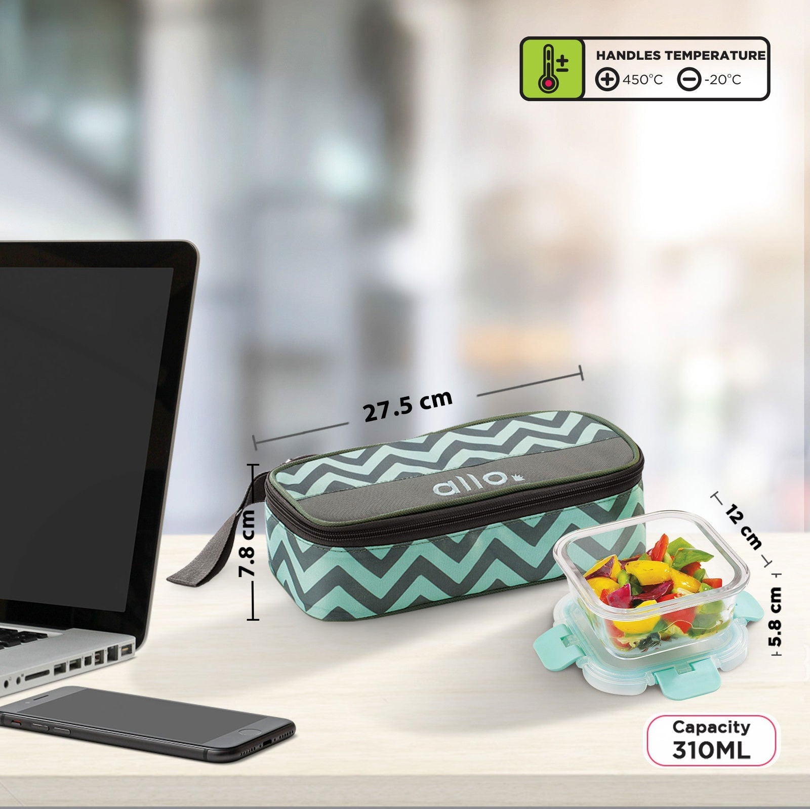 310ml x 2 Allo FoodSafe Microwave Oven Safe Glass Lunch box with Break Free Detachable Lock with Chevron Mint Bag Tiffin - Allo Innoware