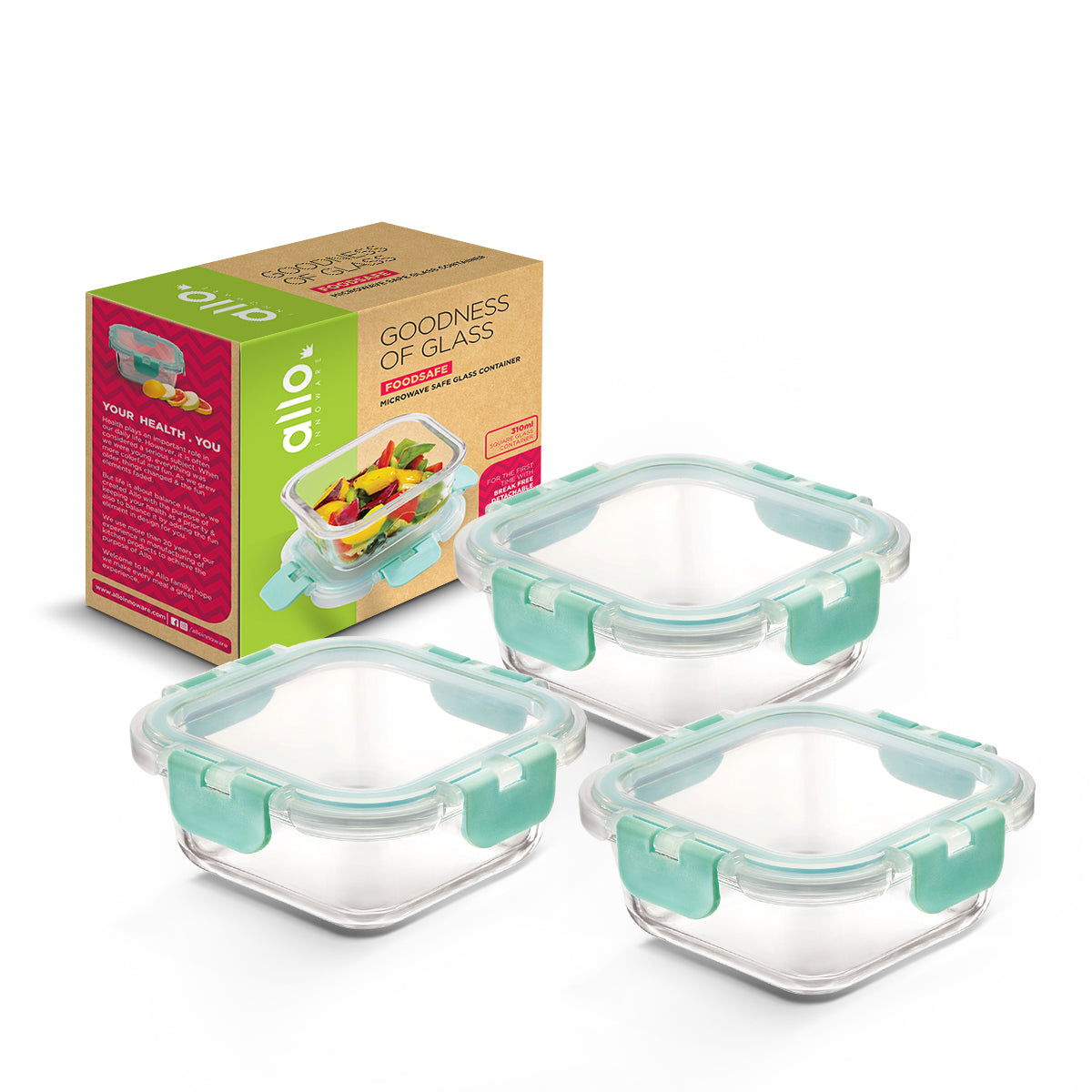 310ml x 3 Allo FoodSafe Microwave Oven Safe Glass Container with Break Free Detachable Lock - Allo Innoware