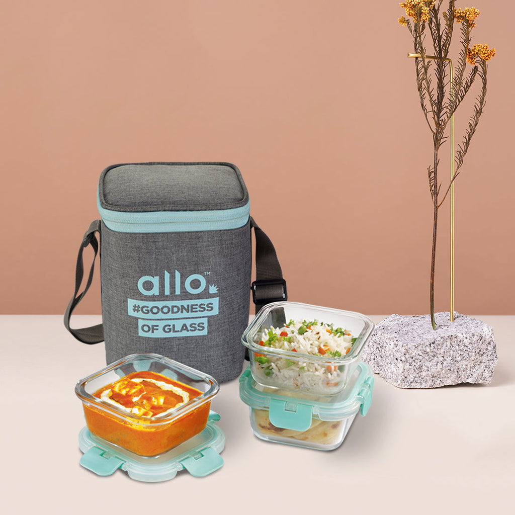 310ml x 3 Allo FoodSafe Microwave Oven Safe Glass Lunch box with Break Free Detachable Lock with Canvas Grey Bag Tiffin - Allo Innoware