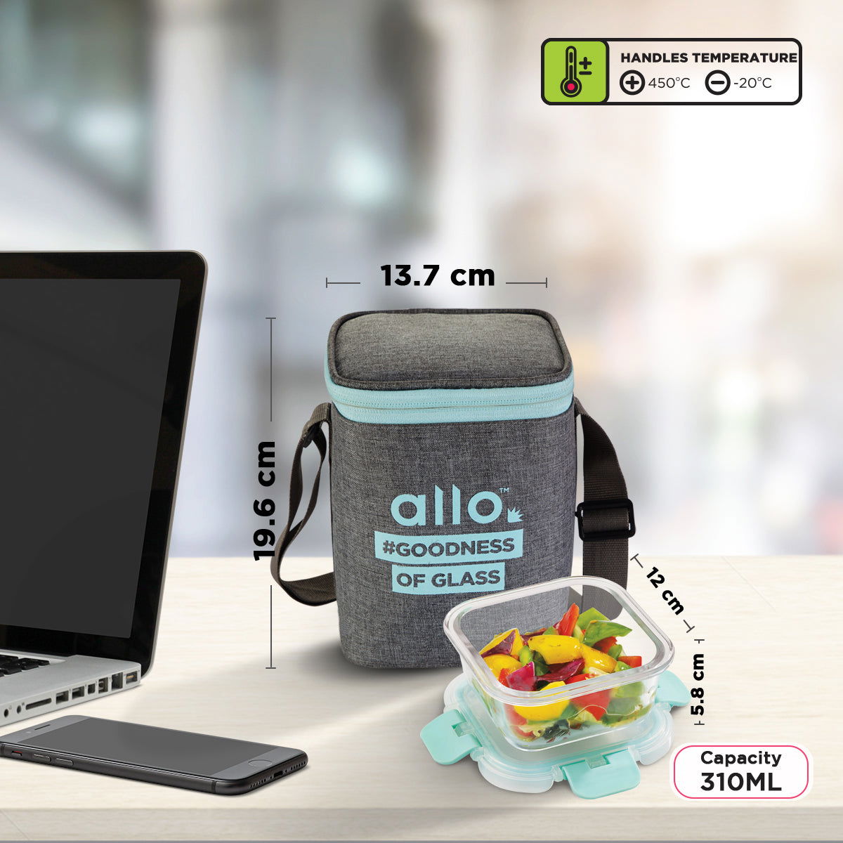 310ml x 3 Allo FoodSafe Microwave Oven Safe Glass Lunch box with Break Free Detachable Lock with Canvas Grey Bag Tiffin - Allo Innoware