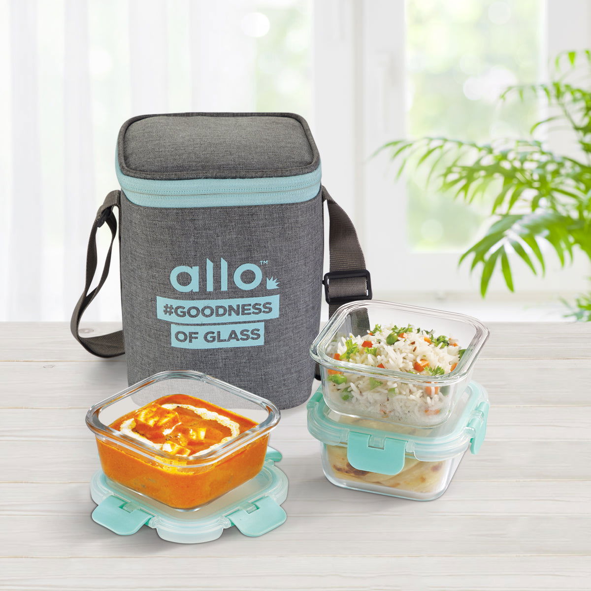 310ml x 3 Allo FoodSafe Microwave Oven Safe Glass Lunch box with Break Free Detachable Lock with Canvas Grey Bag Tiffin - Allo Innoware