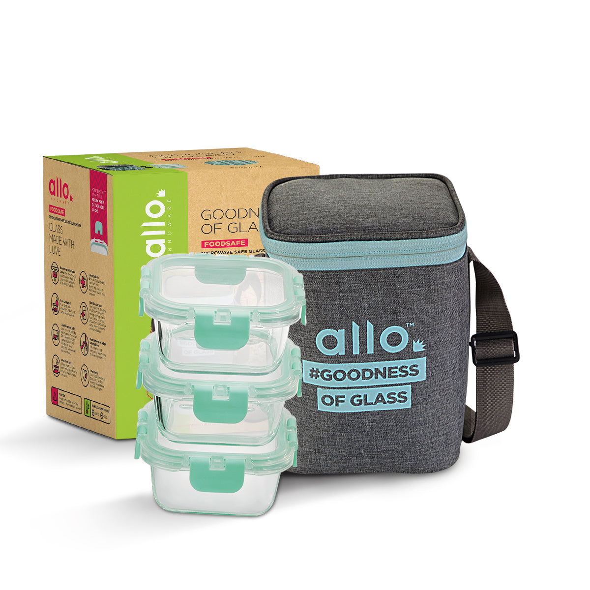 310ml x 3 Allo FoodSafe Microwave Oven Safe Glass Lunch box with Break Free Detachable Lock with Canvas Grey Bag Tiffin - Allo Innoware
