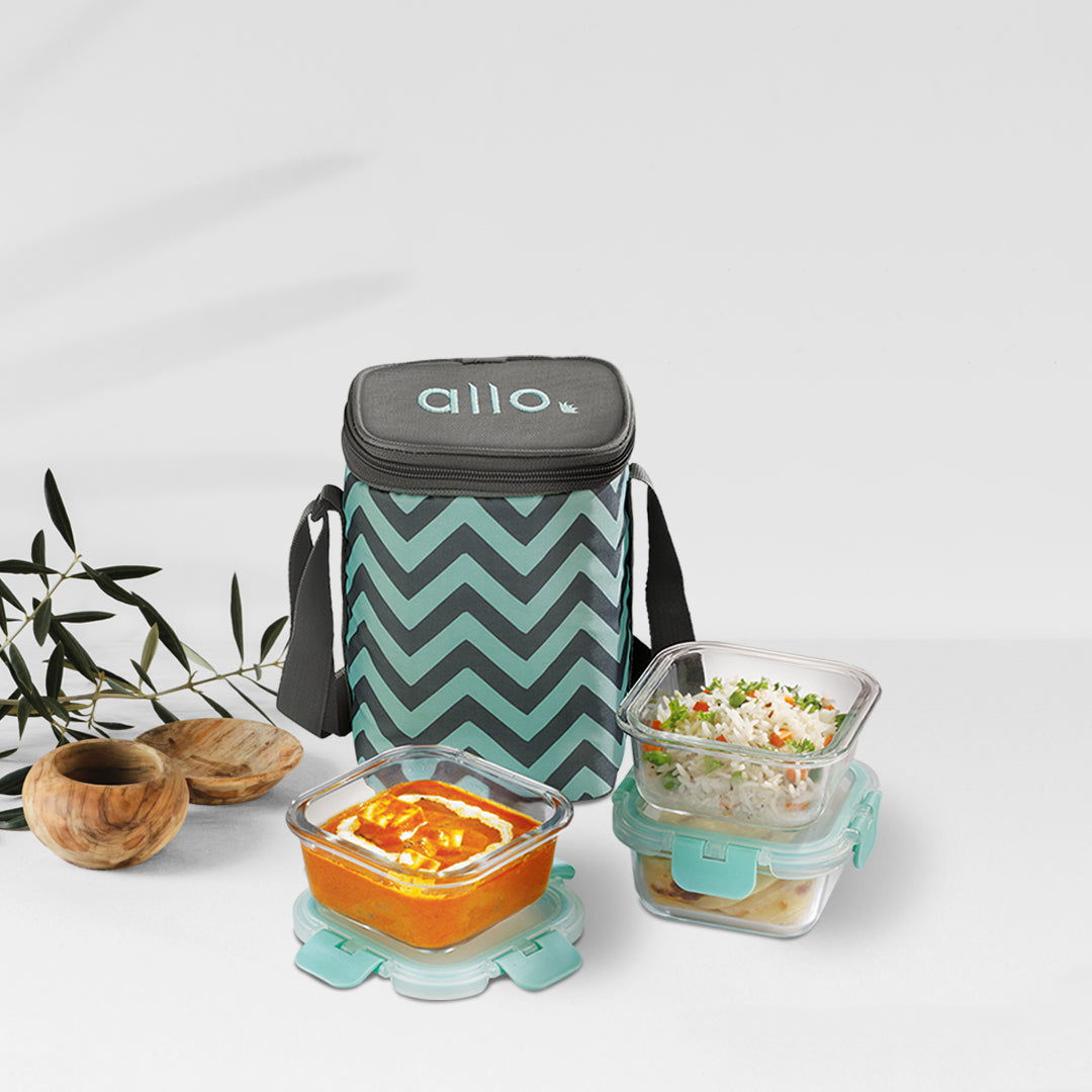 310ml x 3 Allo FoodSafe Microwave Oven Safe Glass Lunch box with Break Free Detachable Lock with Chevron Mint Bag Tiffin - Allo Innoware
