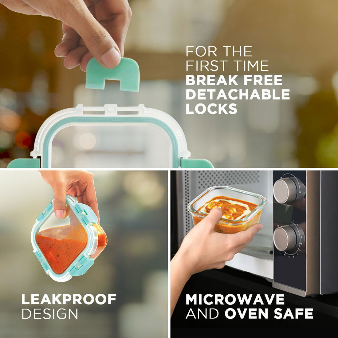 310ml x 3 Allo FoodSafe Microwave Oven Safe Glass Lunch box with Break Free Detachable Lock with Chevron Mint Bag Tiffin - Allo Innoware