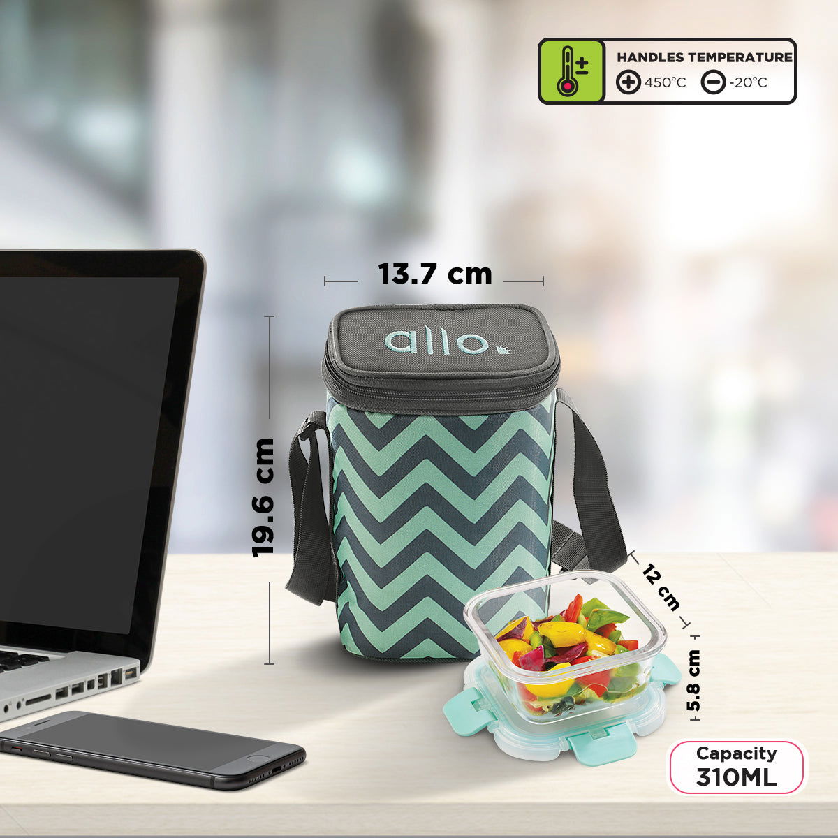 310ml x 3 Allo FoodSafe Microwave Oven Safe Glass Lunch box with Break Free Detachable Lock with Chevron Mint Bag Tiffin - Allo Innoware