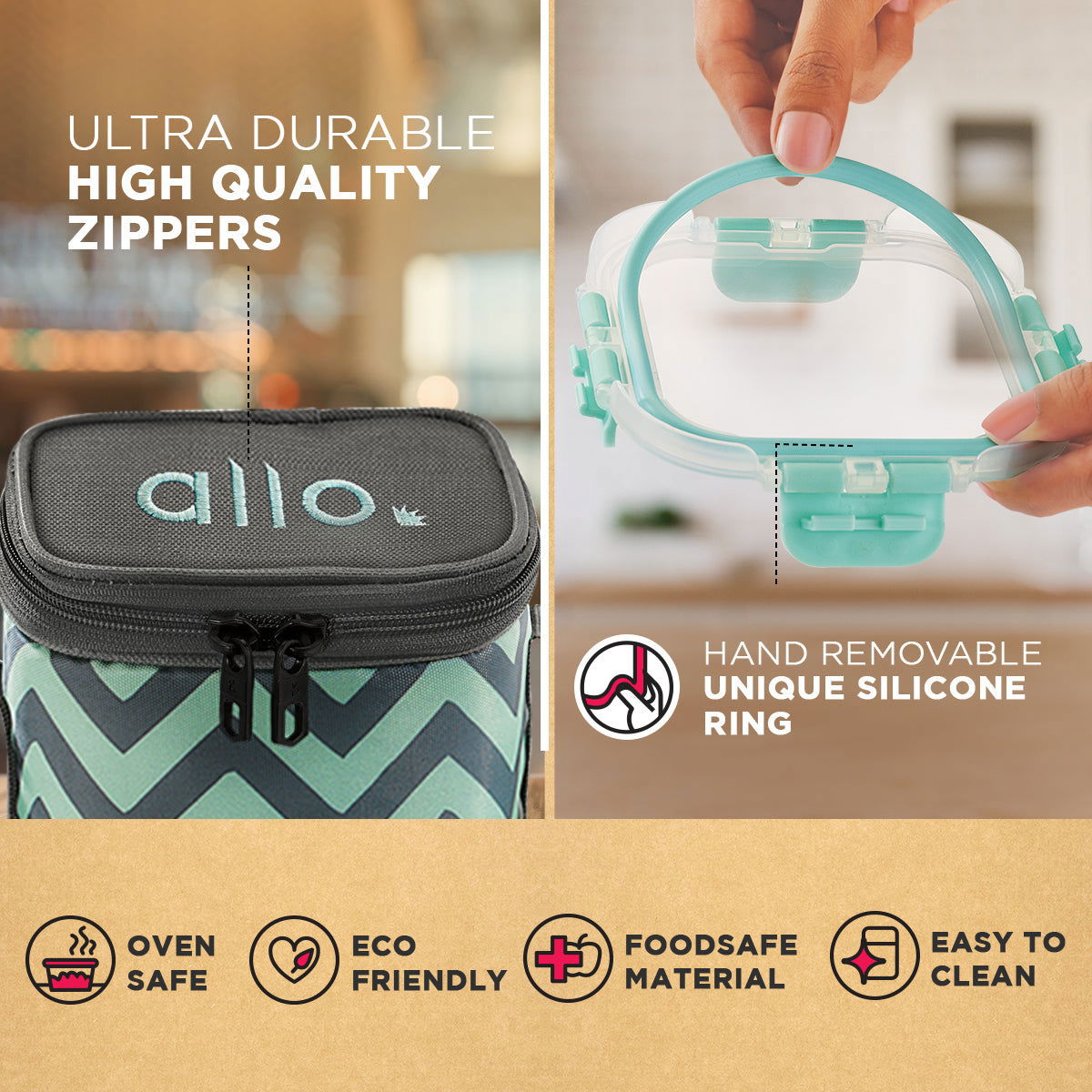 310ml x 3 Allo FoodSafe Microwave Oven Safe Glass Lunch box with Break Free Detachable Lock with Chevron Mint Bag Tiffin - Allo Innoware