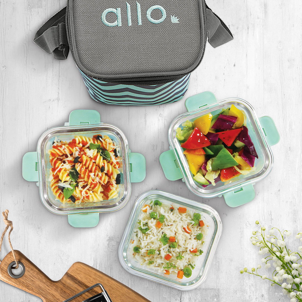 310ml x 3 Allo FoodSafe Microwave Oven Safe Glass Lunch box with Break Free Detachable Lock with Chevron Mint Bag Tiffin - Allo Innoware