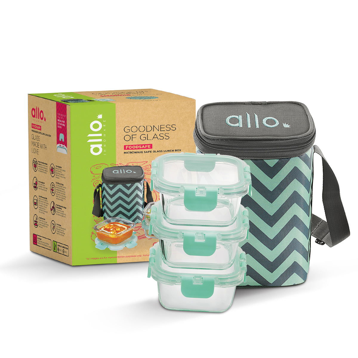 310ml x 3 Allo FoodSafe Microwave Oven Safe Glass Lunch box with Break Free Detachable Lock with Chevron Mint Bag Tiffin - Allo Innoware