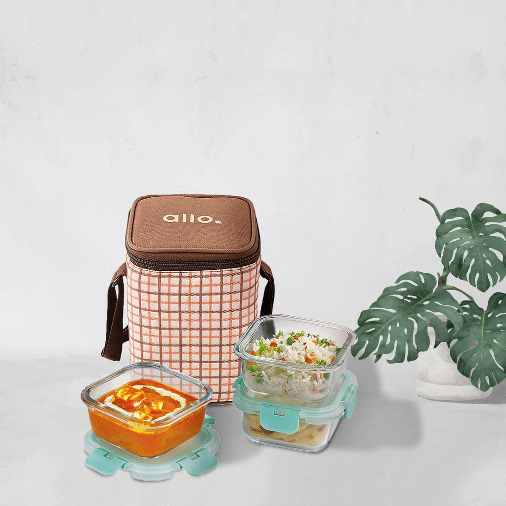 310ml x 3 Allo FoodSafe Microwave Oven Safe Glass Lunch box with Break Free Detachable Lock with Cocoa Brown Bag Tiffin - Allo Innoware