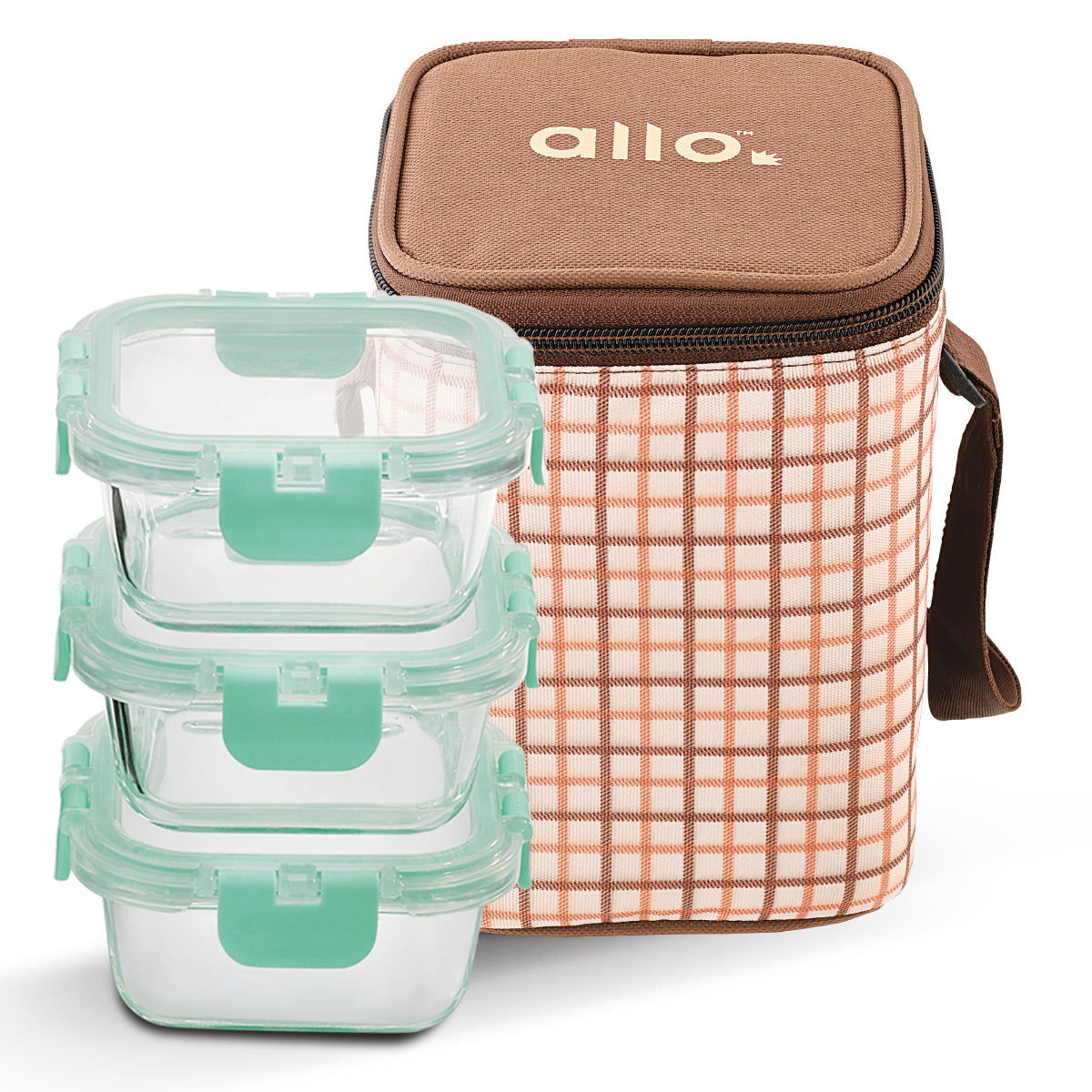 310ml x 3 Allo FoodSafe Microwave Oven Safe Glass Lunch box with Break Free Detachable Lock with Cocoa Brown Bag Tiffin - Allo Innoware