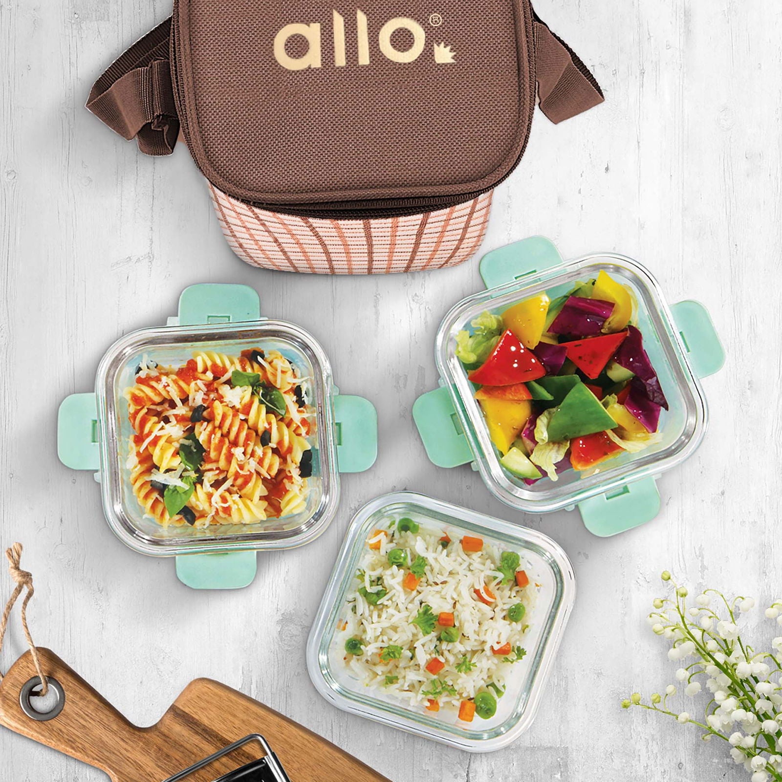 310ml x 3 Allo FoodSafe Microwave Oven Safe Glass Lunch box with Break Free Detachable Lock with Cocoa Brown Bag Tiffin - Allo Innoware