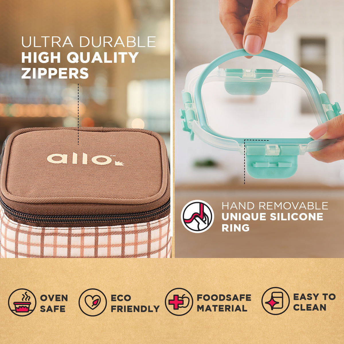 310ml x 3 Allo FoodSafe Microwave Oven Safe Glass Lunch box with Break Free Detachable Lock with Cocoa Brown Bag Tiffin - Allo Innoware