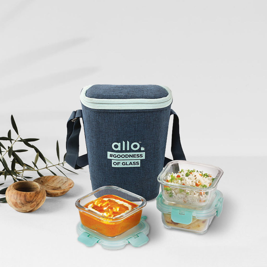310ml x 3 Allo FoodSafe Microwave Oven Safe Glass Lunch box with Break Free Detachable Lock with Denim Blue Bag Tiffin - Allo Innoware