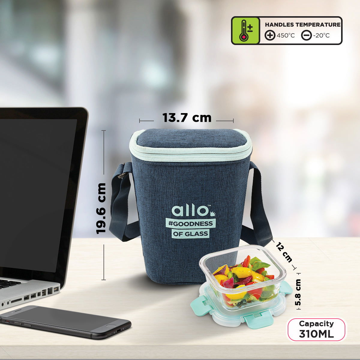 310ml x 3 Allo FoodSafe Microwave Oven Safe Glass Lunch box with Break Free Detachable Lock with Denim Blue Bag Tiffin - Allo Innoware