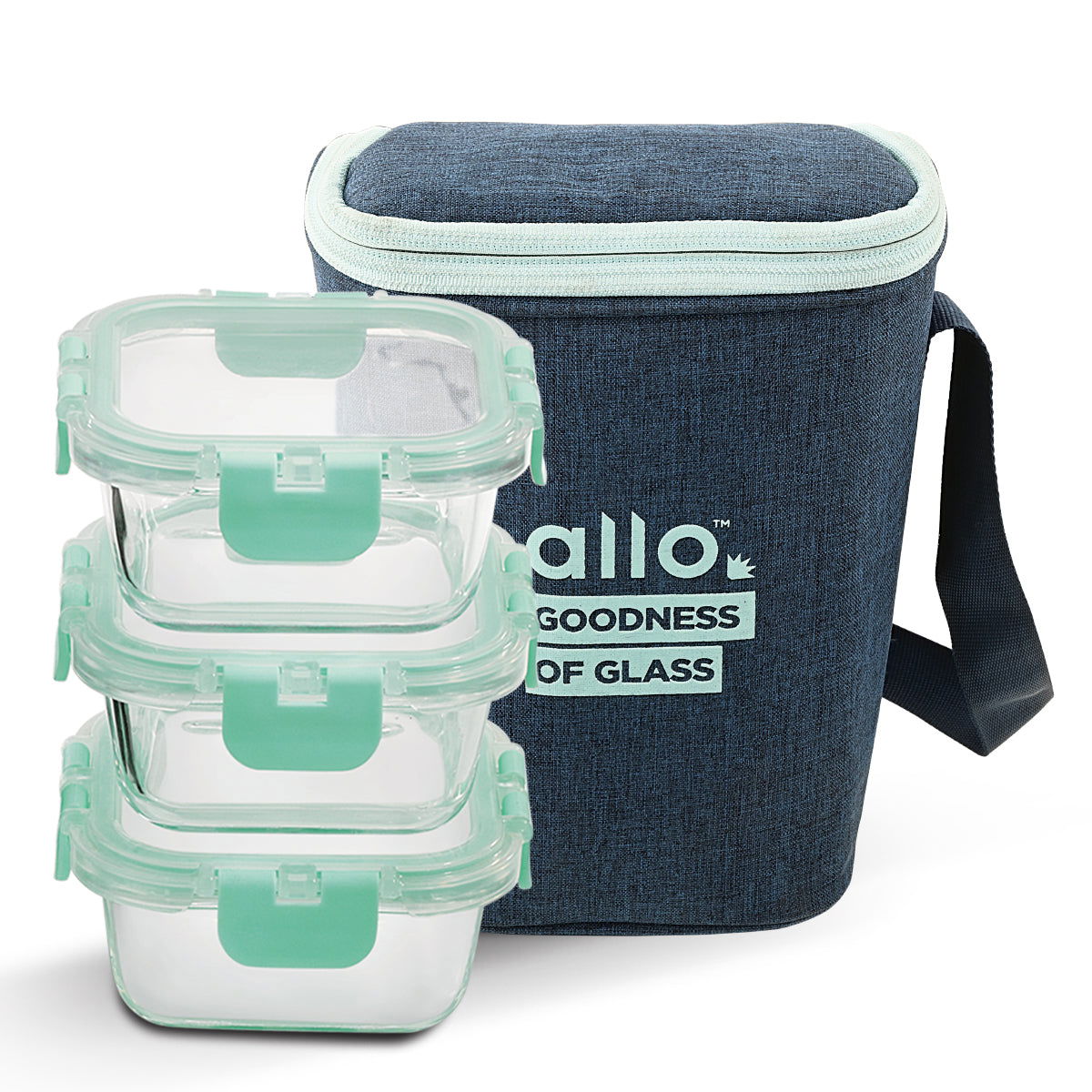 310ml x 3 Allo FoodSafe Microwave Oven Safe Glass Lunch box with Break Free Detachable Lock with Denim Blue Bag Tiffin - Allo Innoware