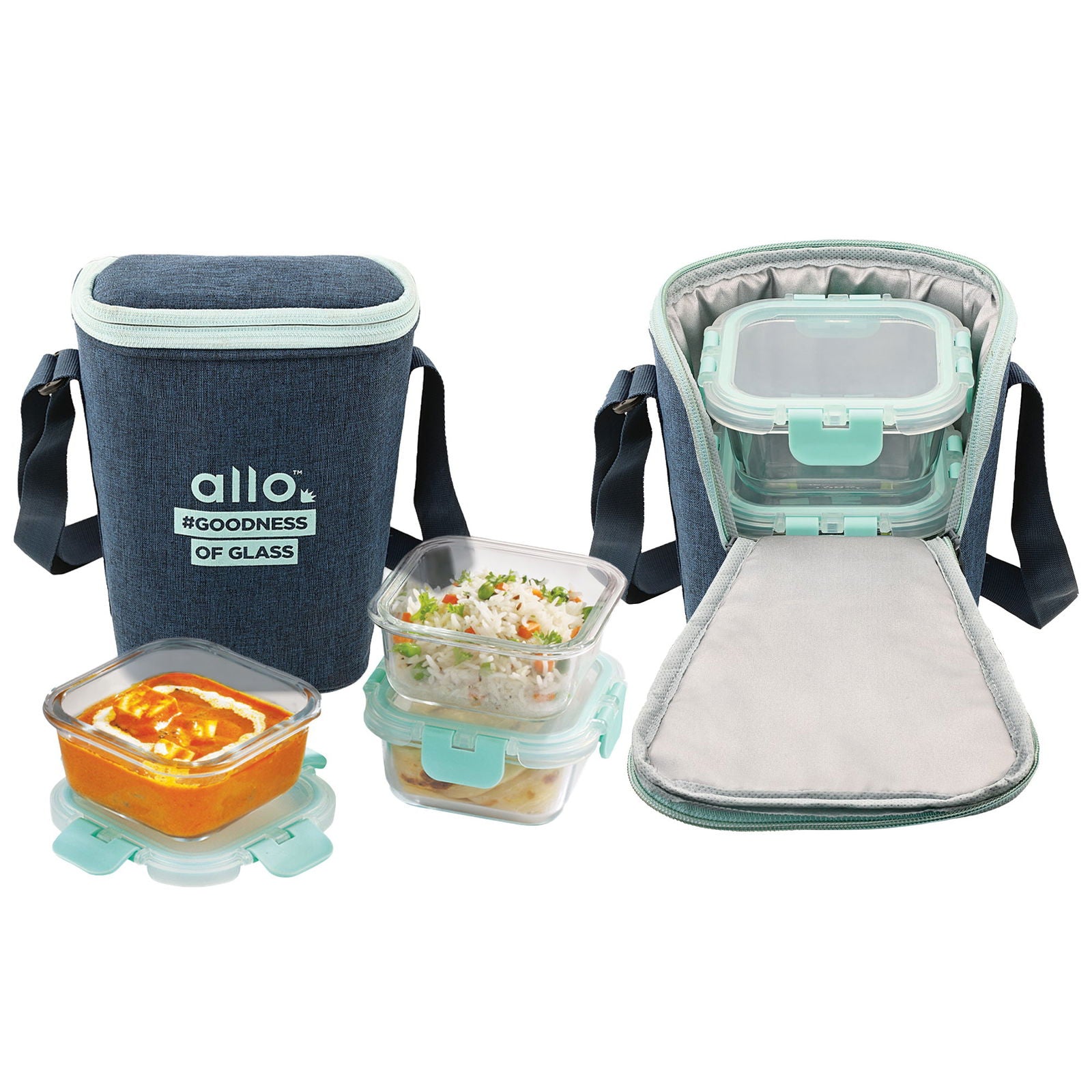 310ml x 3 Allo FoodSafe Microwave Oven Safe Glass Lunch box with Break Free Detachable Lock with Denim Blue Bag Tiffin - Allo Innoware