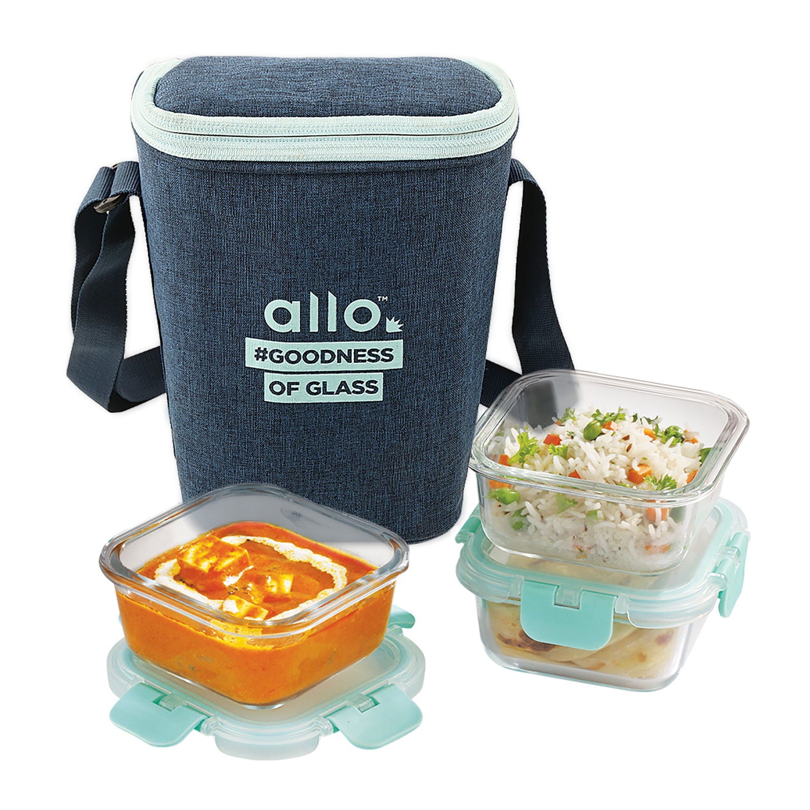 310ml x 3 Allo FoodSafe Microwave Oven Safe Glass Lunch box with Break Free Detachable Lock with Denim Blue Bag Tiffin - Allo Innoware