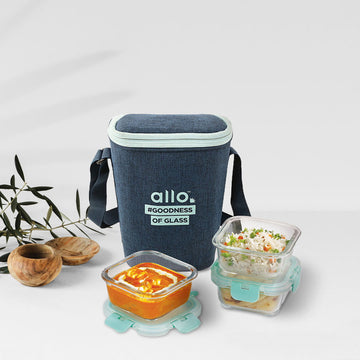 310ml x 3 Allo FoodSafe Microwave Oven Safe Glass Lunch box with Break Free Detachable Lock with Denim Blue Bag Tiffin - Allo Innoware
