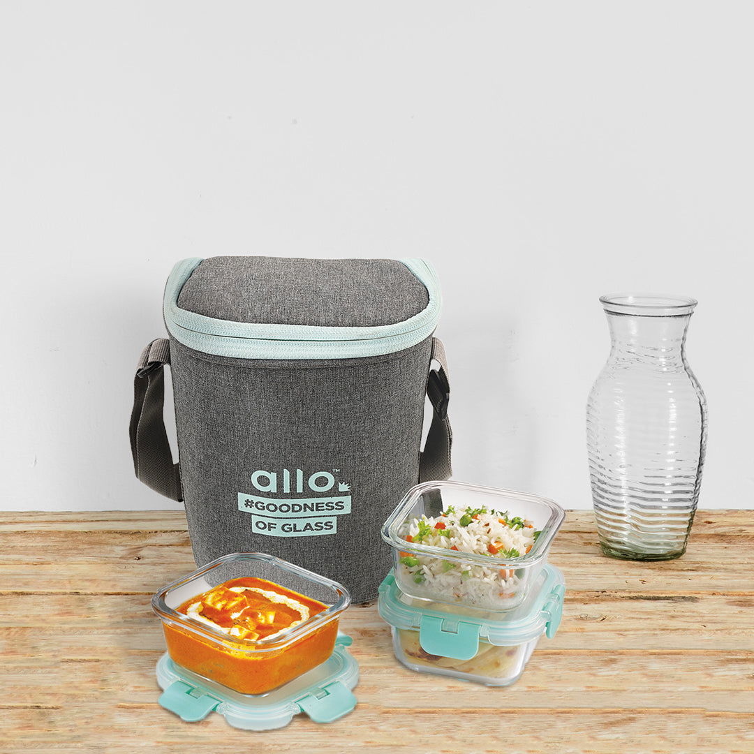 310ml x 3 Allo FoodSafe Microwave Oven Safe Glass Lunch box with Break Free Detachable Lock with Denim Grey Bag Tiffin - Allo Innoware