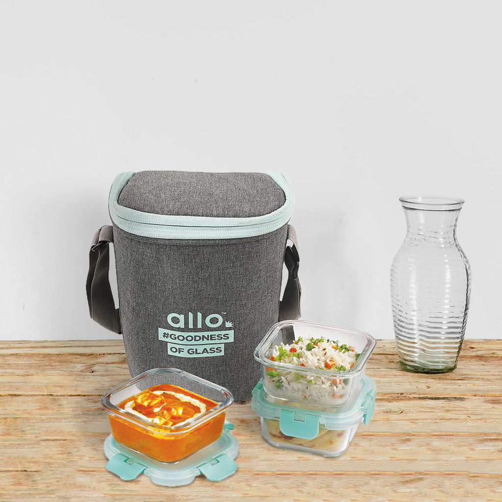 310ml x 3 Allo FoodSafe Microwave Oven Safe Glass Lunch box with Break Free Detachable Lock with Denim Grey Bag Tiffin - Allo Innoware