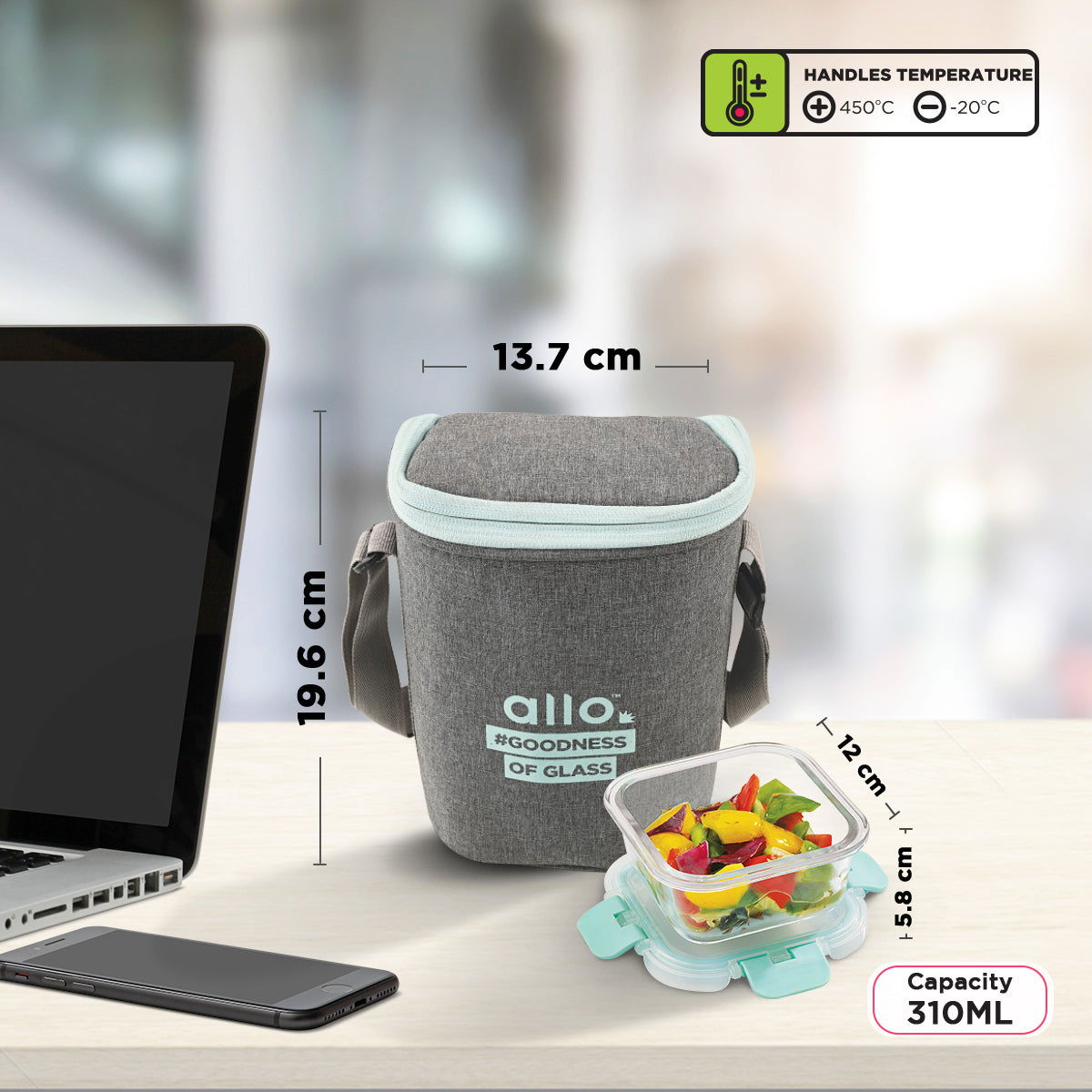 310ml x 3 Allo FoodSafe Microwave Oven Safe Glass Lunch box with Break Free Detachable Lock with Denim Grey Bag Tiffin - Allo Innoware