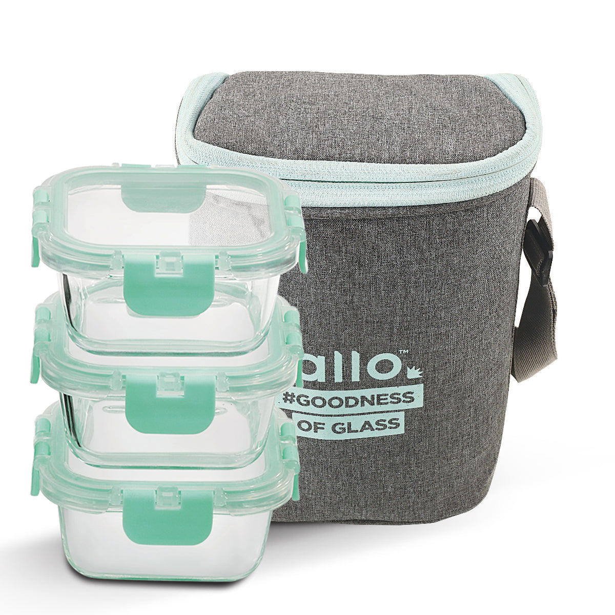 310ml x 3 Allo FoodSafe Microwave Oven Safe Glass Lunch box with Break Free Detachable Lock with Denim Grey Bag Tiffin - Allo Innoware
