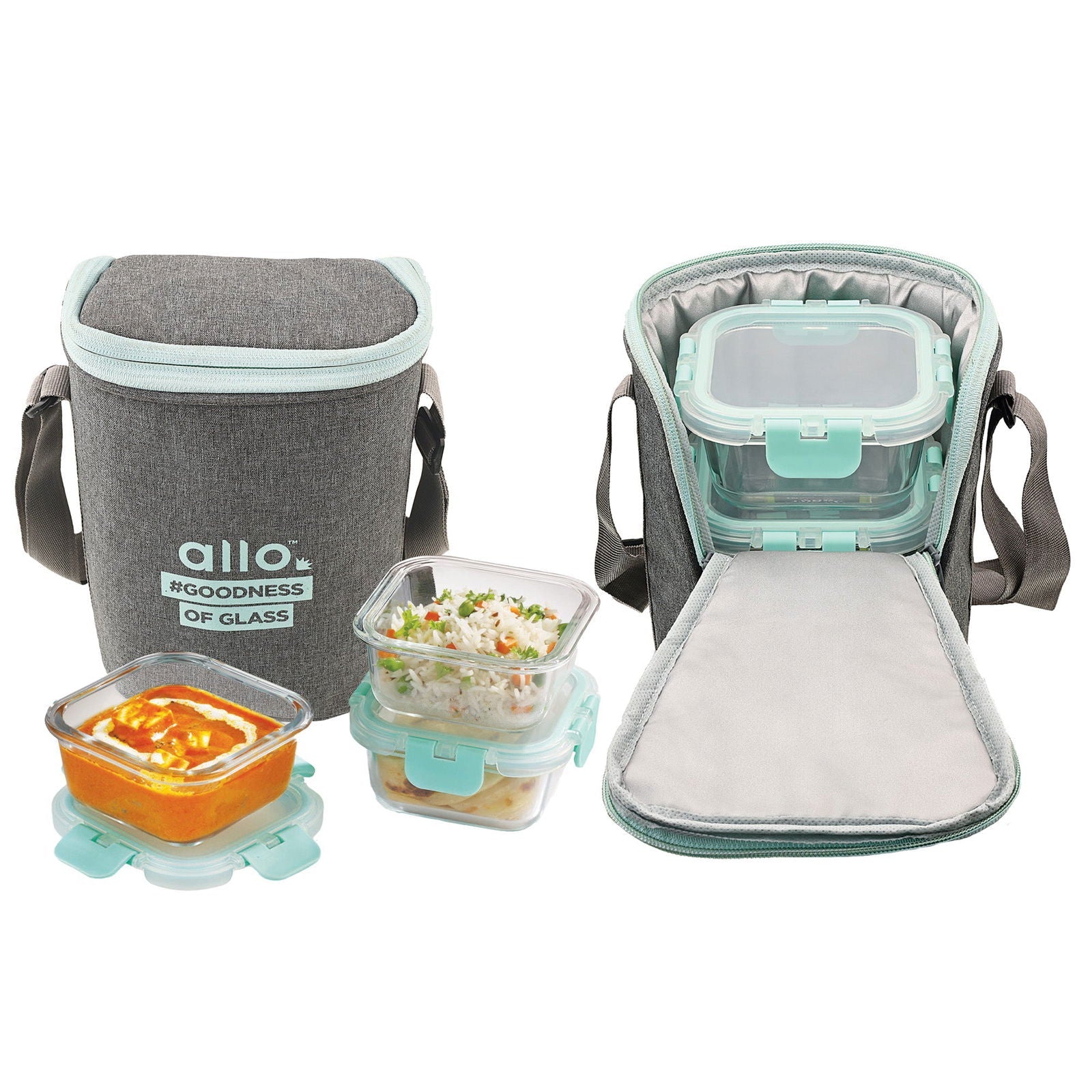 310ml x 3 Allo FoodSafe Microwave Oven Safe Glass Lunch box with Break Free Detachable Lock with Denim Grey Bag Tiffin - Allo Innoware