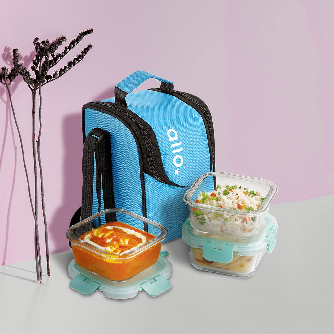 310ml x 3 Allo FoodSafe Microwave Oven Safe Glass Lunch box with Break Free Detachable Lock with Sky Blue Bag Tiffin - Allo Innoware