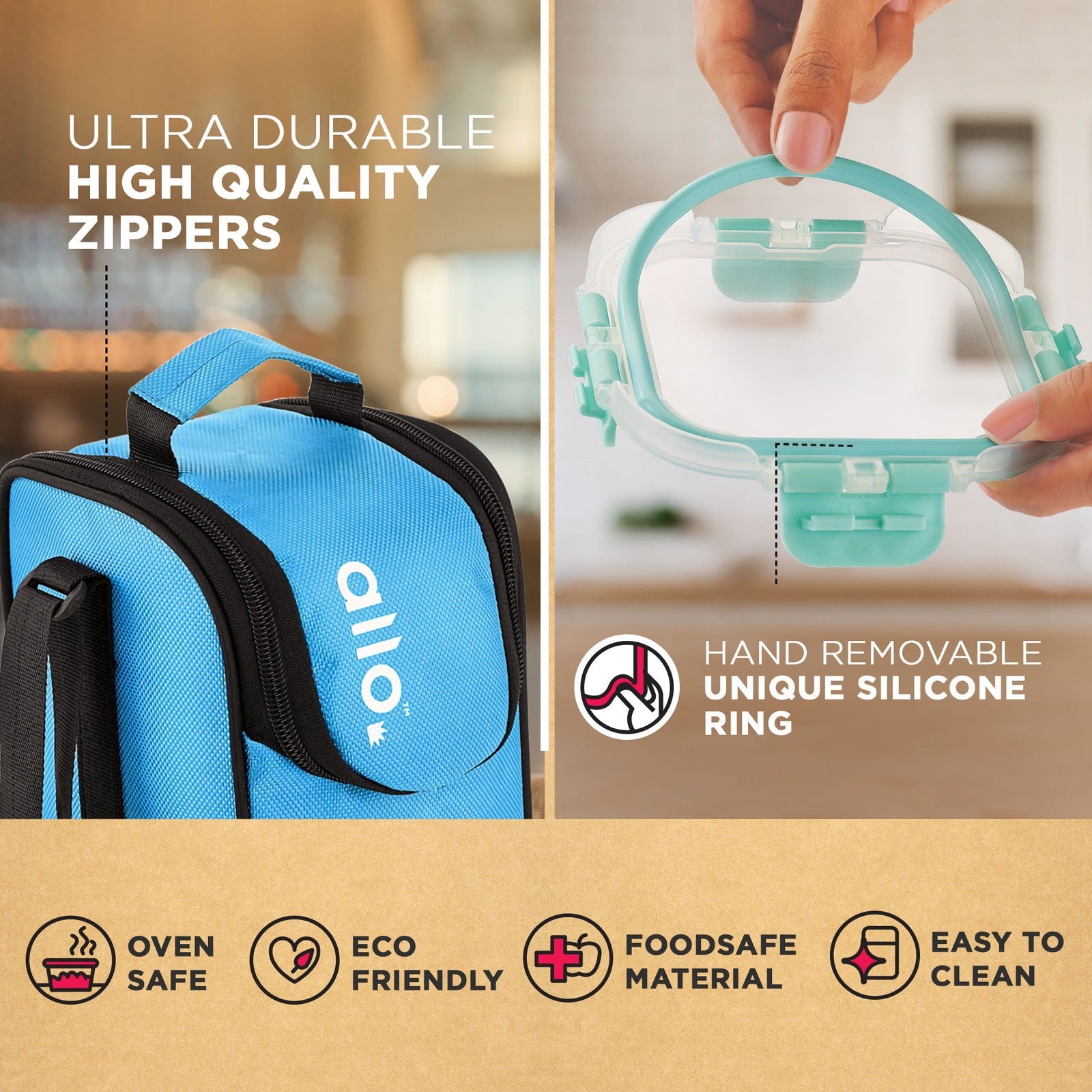 310ml x 3 Allo FoodSafe Microwave Oven Safe Glass Lunch box with Break Free Detachable Lock with Sky Blue Bag Tiffin - Allo Innoware