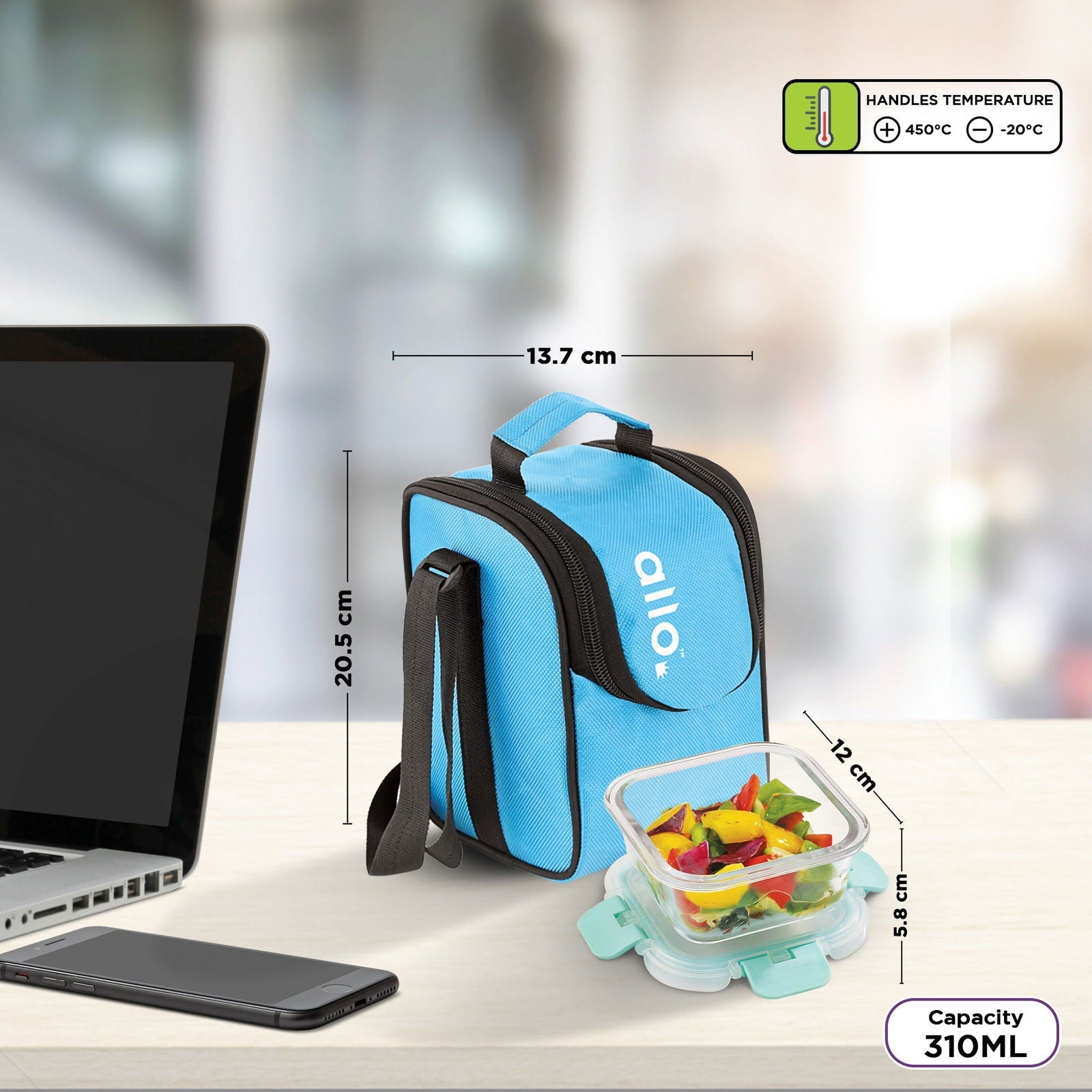 310ml x 3 Allo FoodSafe Microwave Oven Safe Glass Lunch box with Break Free Detachable Lock with Sky Blue Bag Tiffin - Allo Innoware