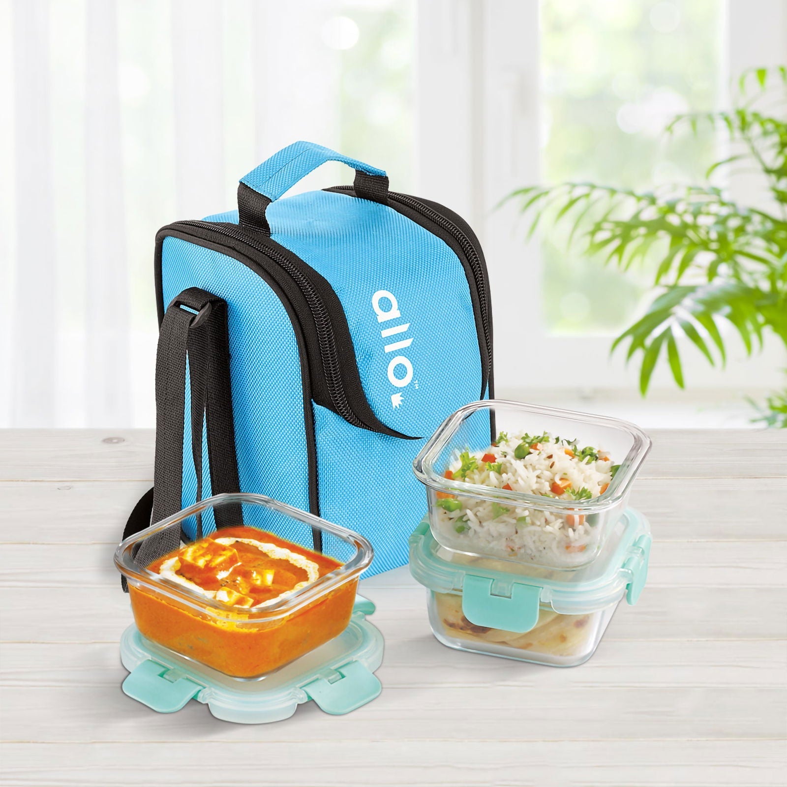 310ml x 3 Allo FoodSafe Microwave Oven Safe Glass Lunch box with Break Free Detachable Lock with Sky Blue Bag Tiffin - Allo Innoware