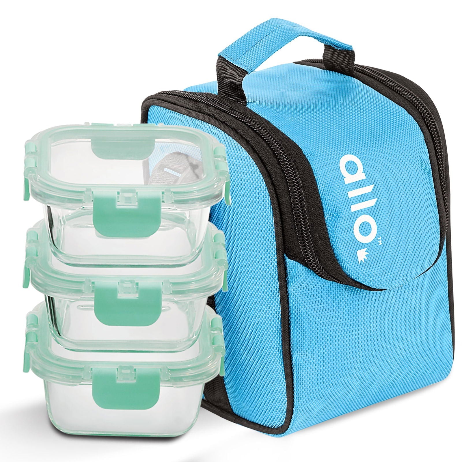 310ml x 3 Allo FoodSafe Microwave Oven Safe Glass Lunch box with Break Free Detachable Lock with Sky Blue Bag Tiffin - Allo Innoware