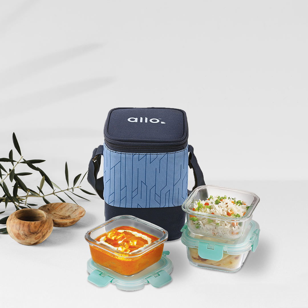310ml x 3 Allo FoodSafe Microwave Oven Safe Glass Lunch box with Break Free Detachable Lock with Space Blue  Bag Tiffin - Allo Innoware