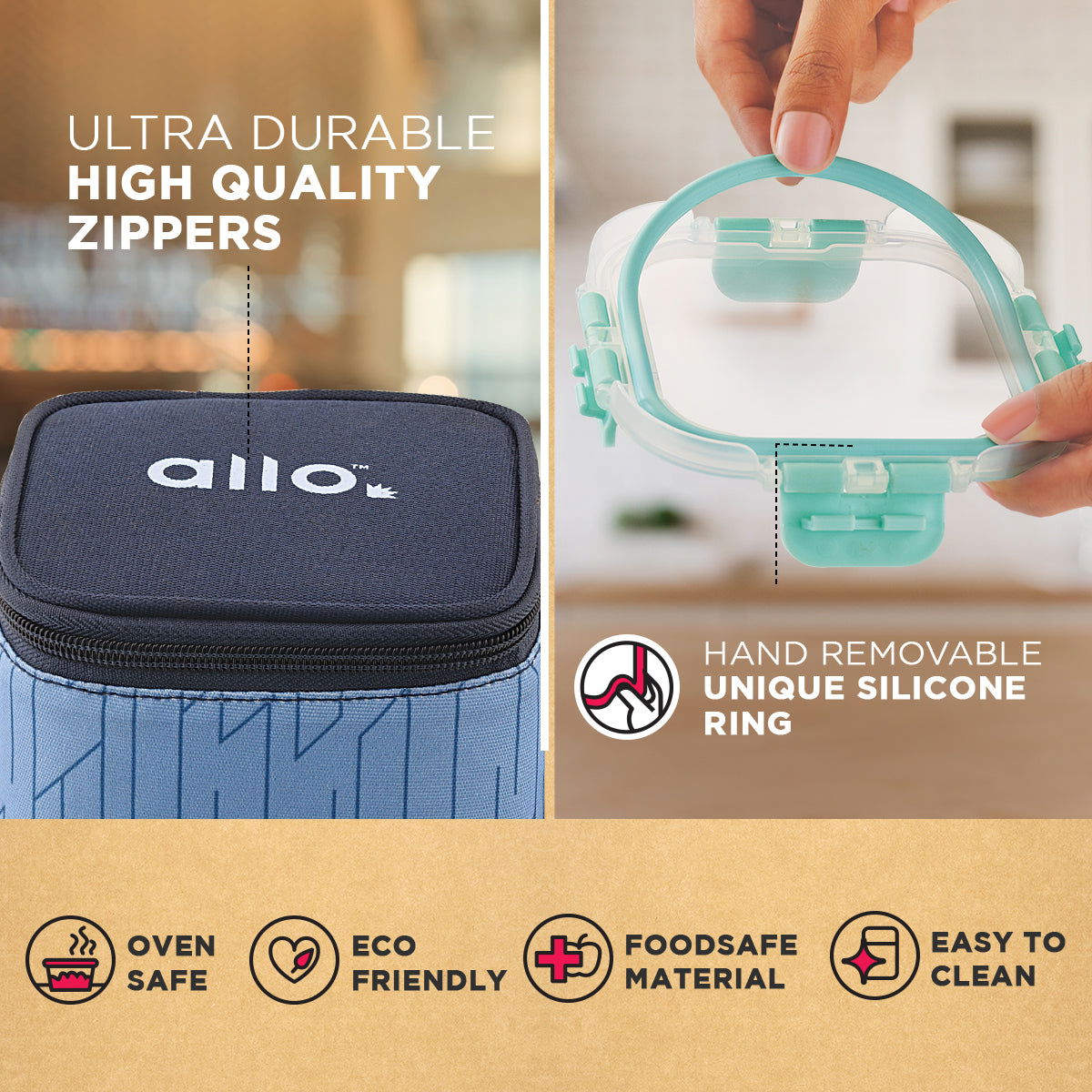 310ml x 3 Allo FoodSafe Microwave Oven Safe Glass Lunch box with Break Free Detachable Lock with Space Blue  Bag Tiffin - Allo Innoware