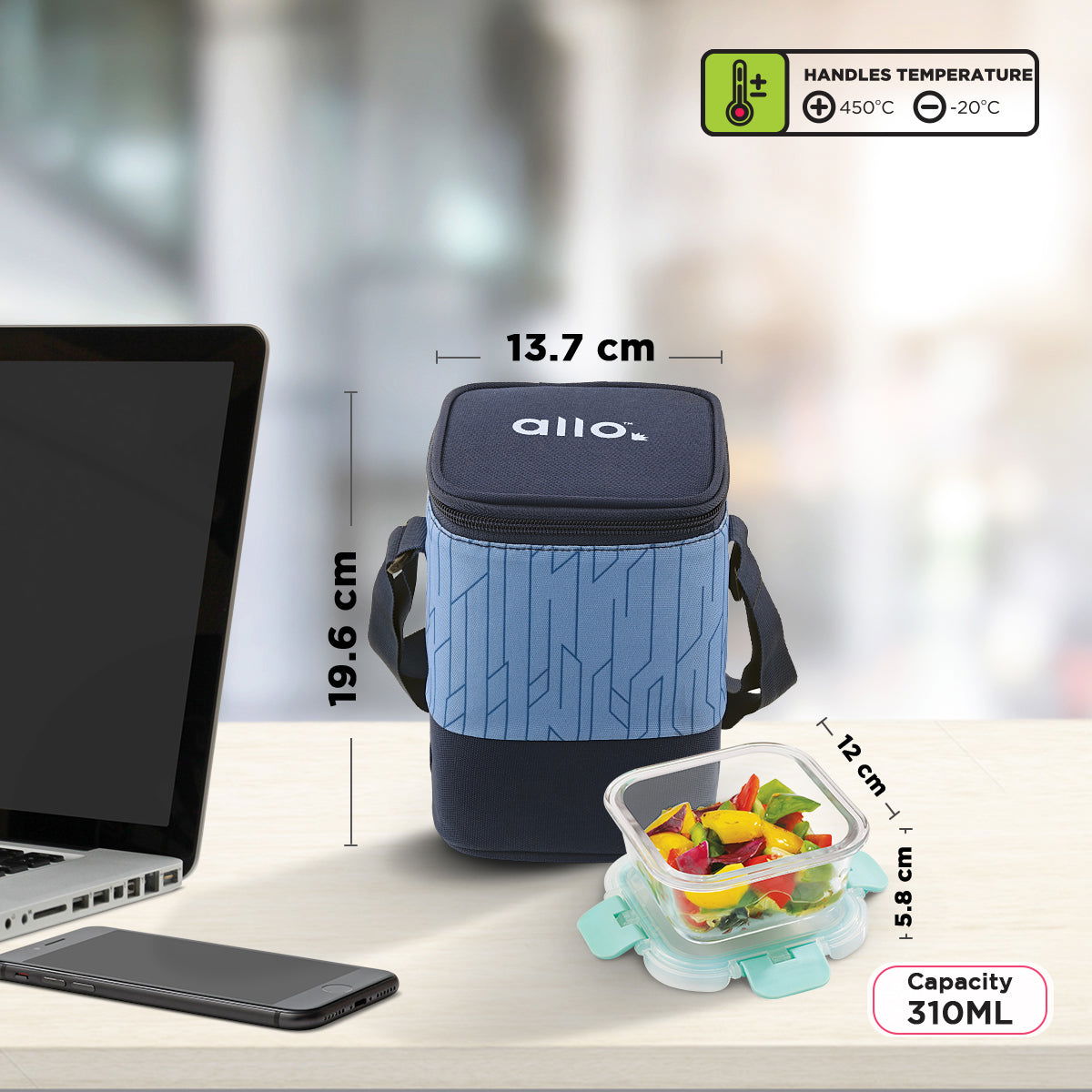 310ml x 3 Allo FoodSafe Microwave Oven Safe Glass Lunch box with Break Free Detachable Lock with Space Blue  Bag Tiffin - Allo Innoware