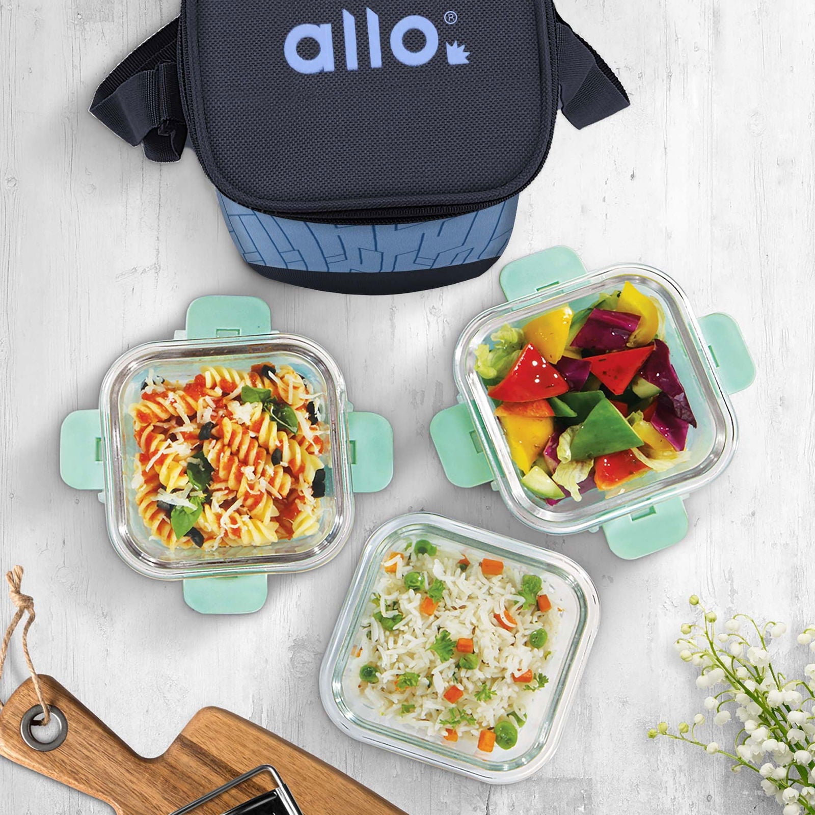 310ml x 3 Allo FoodSafe Microwave Oven Safe Glass Lunch box with Break Free Detachable Lock with Space Blue  Bag Tiffin - Allo Innoware