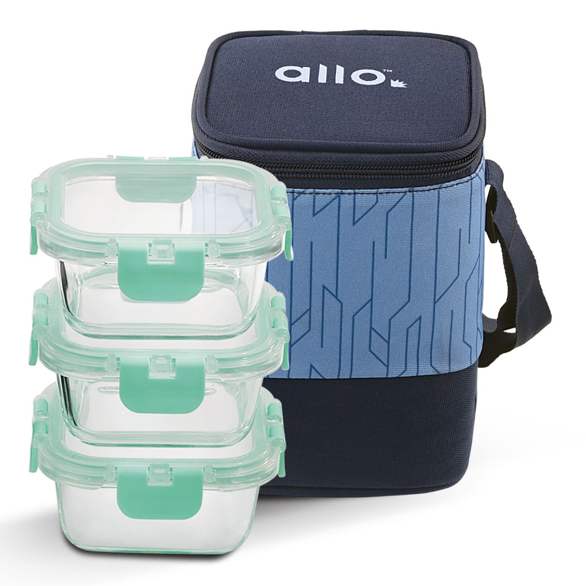 310ml x 3 Allo FoodSafe Microwave Oven Safe Glass Lunch box with Break Free Detachable Lock with Space Blue  Bag Tiffin - Allo Innoware