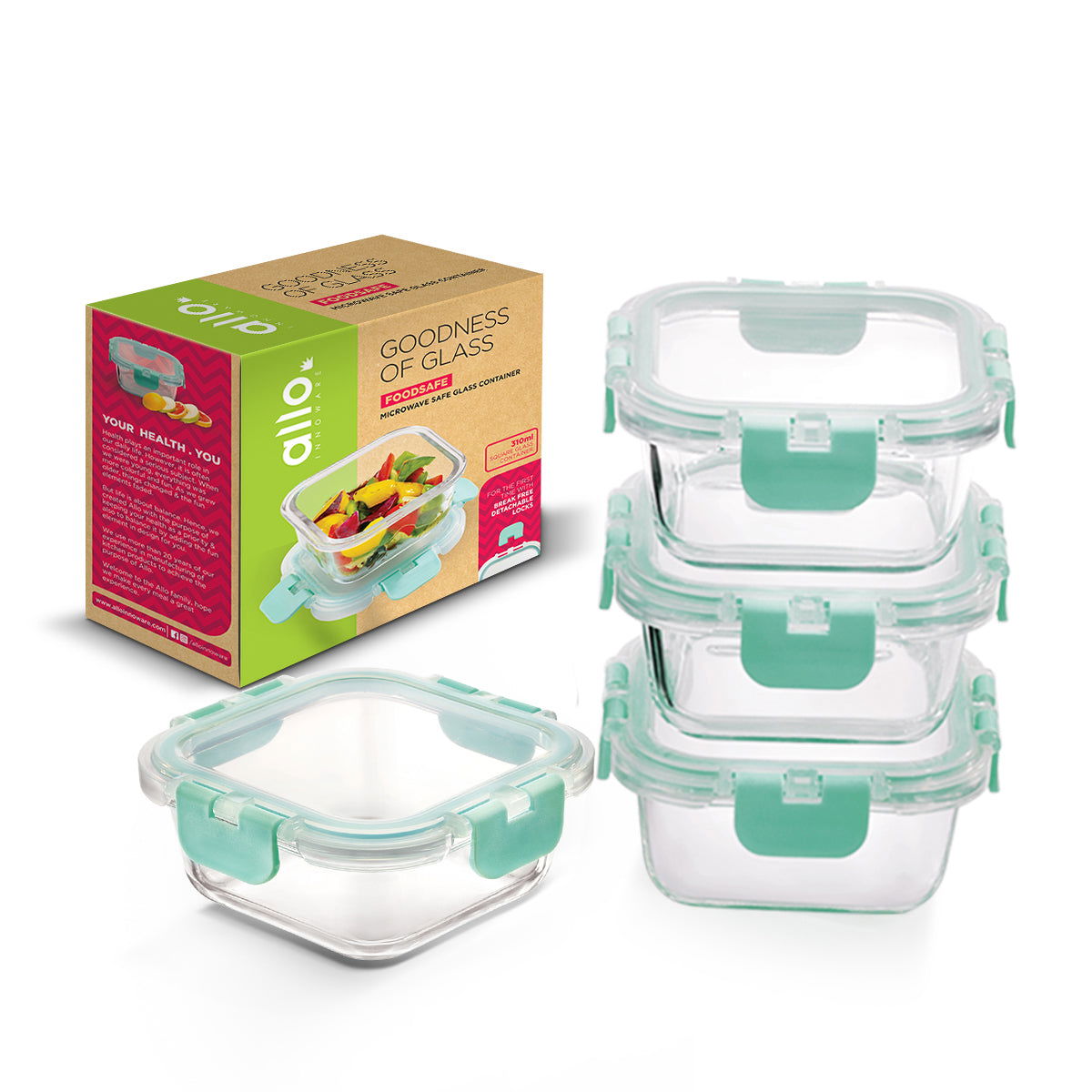 310ml x 4 Allo FoodSafe Microwave Oven Safe Glass Container with Break Free Detachable Lock - Allo Innoware