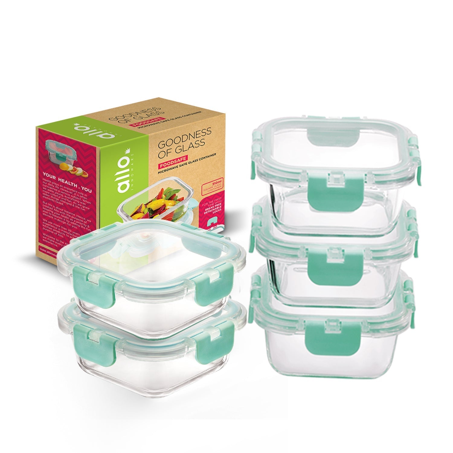 310ml x 5 Allo FoodSafe Microwave Oven Safe Glass Container with Break Free Detachable Lock - Allo Innoware