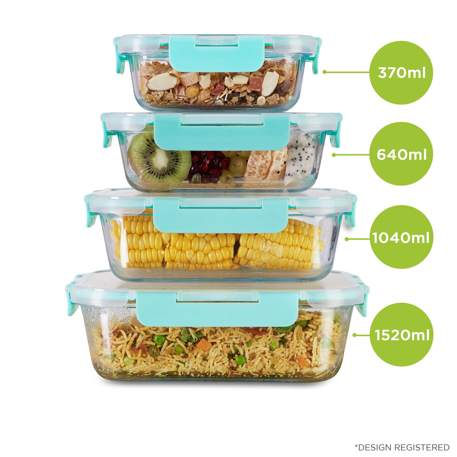 370ml, 640ml, 1040ml, 1520ml Allo FoodSafe Microwave Oven Safe Glass Container with Break Free Detachable Lock - Allo Innoware
