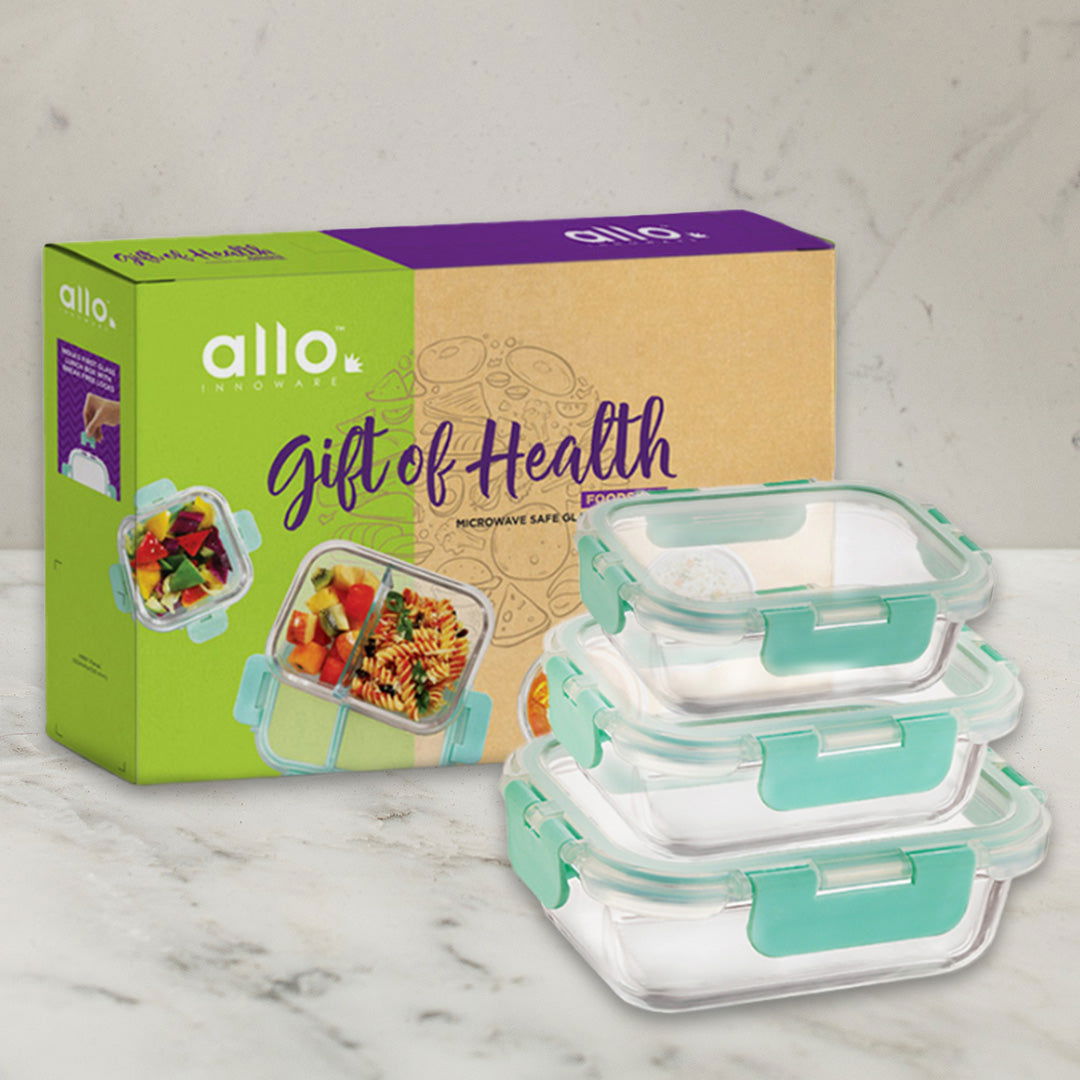 370ml, 640ml, 1040ml Allo FoodSafe Microwave Oven Safe Glass Container Gift Box Combo 3pc with Break Free Detachable Lock - Allo Innoware