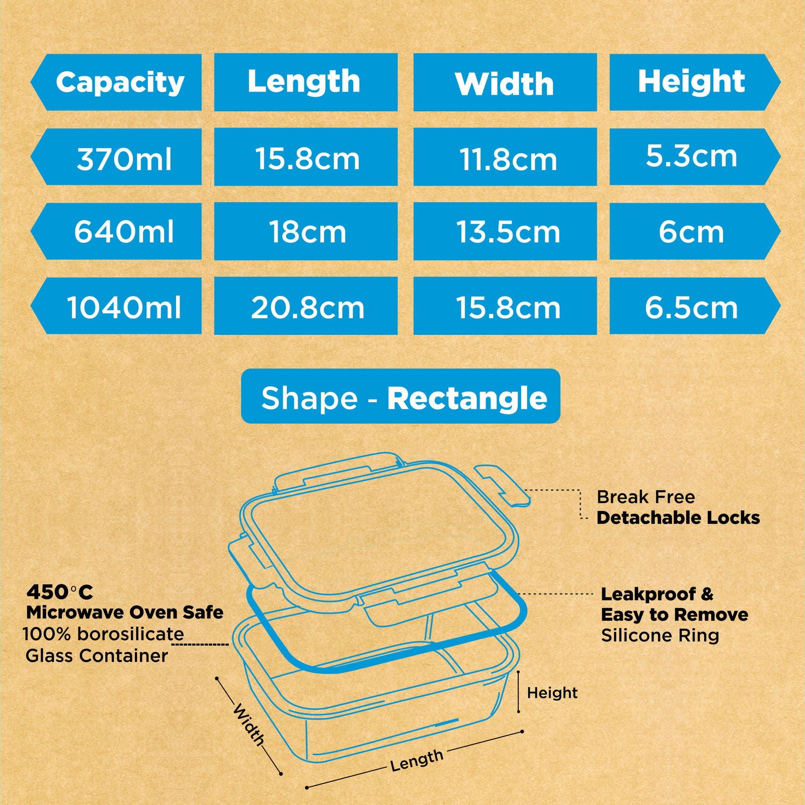 370ml, 640ml, 1040ml Allo FoodSafe Microwave Oven Safe Glass Container Gift Box Combo 3pc with Break Free Detachable Lock - Allo Innoware