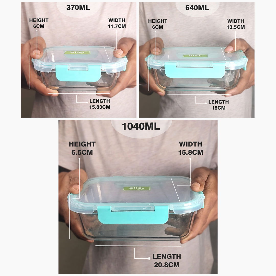 370ml, 640ml, 1040ml Allo FoodSafe Microwave Oven Safe Glass Container with Break Free Detachable Lock - Allo Innoware
