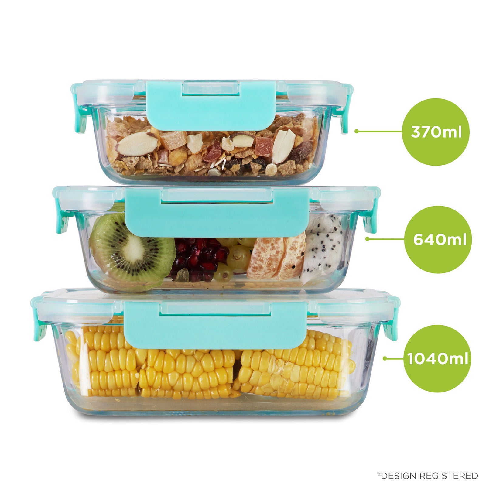 370ml, 640ml, 1040ml Allo FoodSafe Microwave Oven Safe Glass Container with Break Free Detachable Lock - Allo Innoware